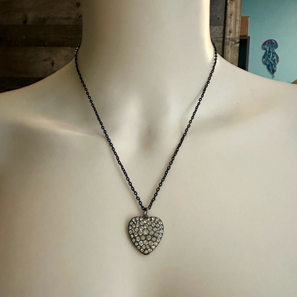Jewelry - Gorgeous Pave Crystal Heart Gunmetal Pendant on Black Necklace